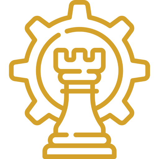 A gold outline of a chess rook inside a gear symbol, representing strategy and engineering.
