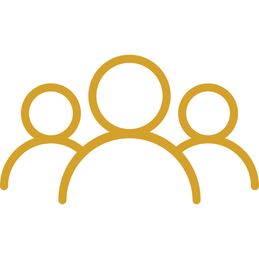 Outline of four people with a gold line style on a black background.