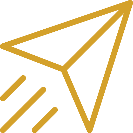 Golden paper airplane icon with motion lines on a black background.