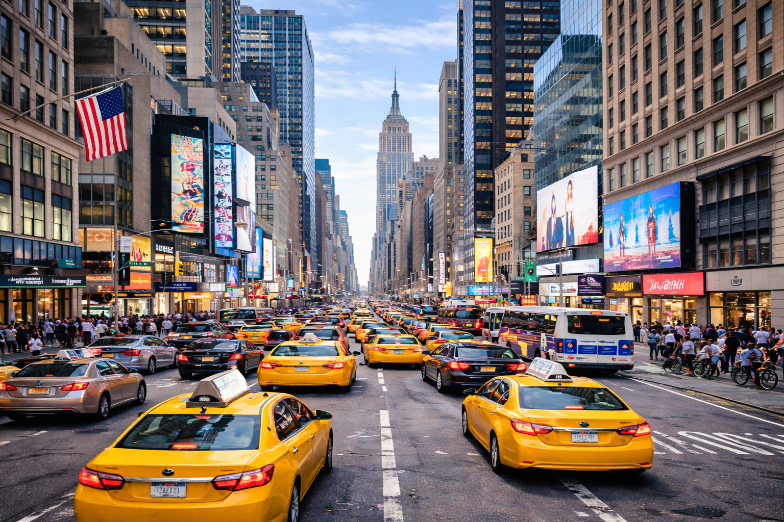 A busy city street in New York City with yellow taxis, cars, buses, and pedestrians. Tall buildings line both sides of the street, and the Empire State Building is visible in the background. Private Math Tutoring