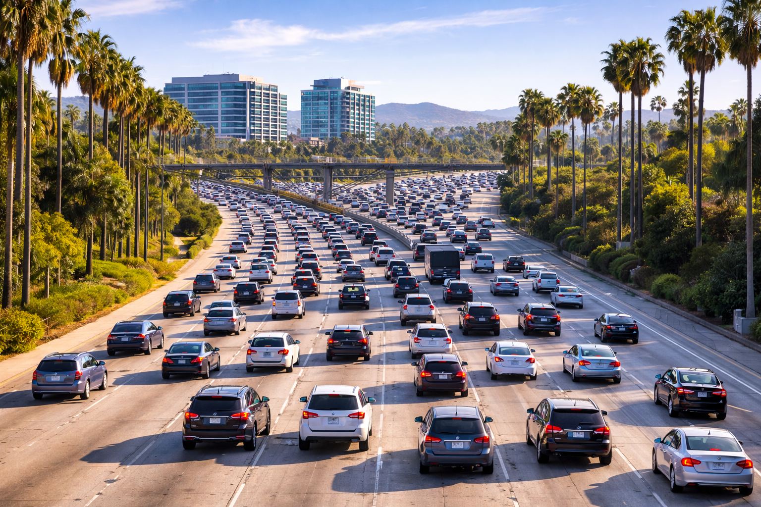 A busy Orange County highway filled with numerous cars and trucks, surrounded by palm trees, with modern buildings and mountains in the background.  Private Math Tutoring