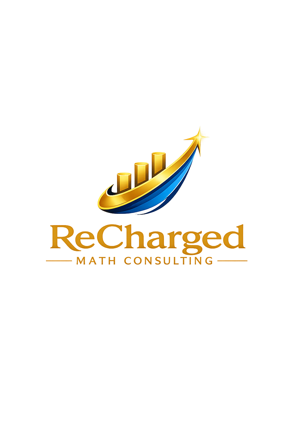 Logo with a stylized sailboat with upward-trending bar chart inside, gold and blue colors, and the text 'ReCharged Math Consulting' below.
