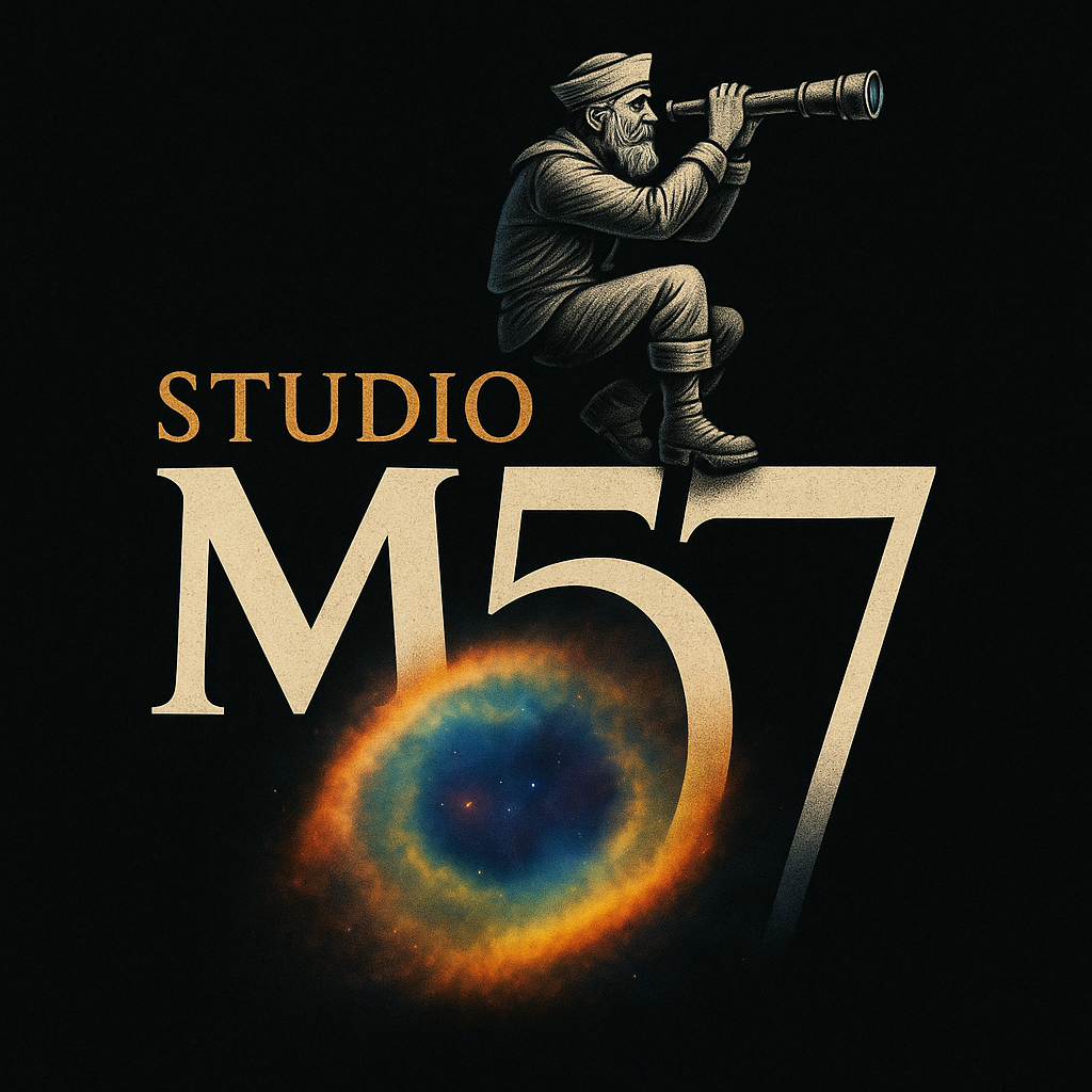 A man in historical clothing sitting on the number 7, looking through a telescope, with a nebula or galaxy in the background, and text that reads 'Studio M57' with the M57 nebula illustration.
