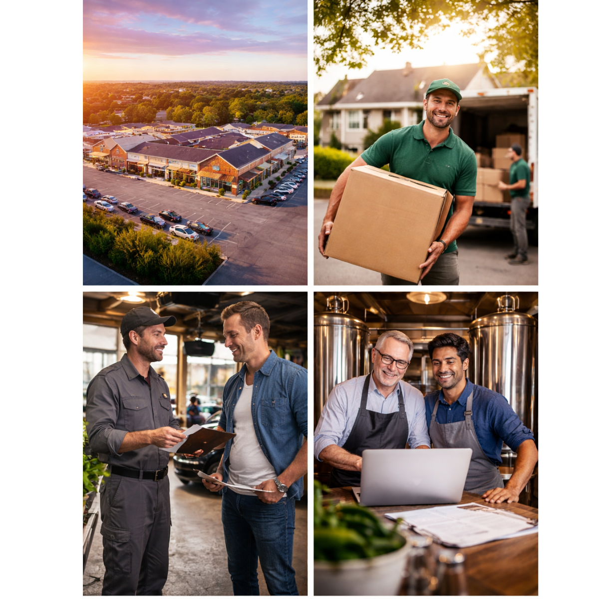 A collage of four images showing different scenes: the first image displays an aerial view of a shopping plaza at sunset; the second image shows a smiling delivery person holding a box with a truck in the background; the third image depicts two men having a conversation inside a restaurant or cafe; the fourth image shows two men in a brewery or taproom, one with a laptop and the other with papers, smiling together.