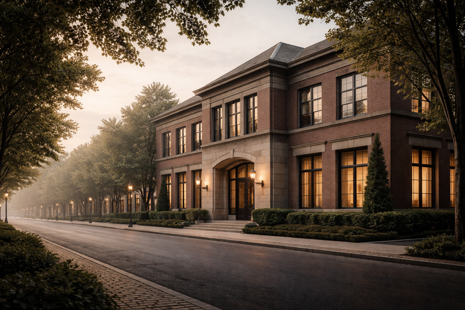 Stately brick commercial building with classic architecture and tree-lined street, representing long-term business ownership and stability