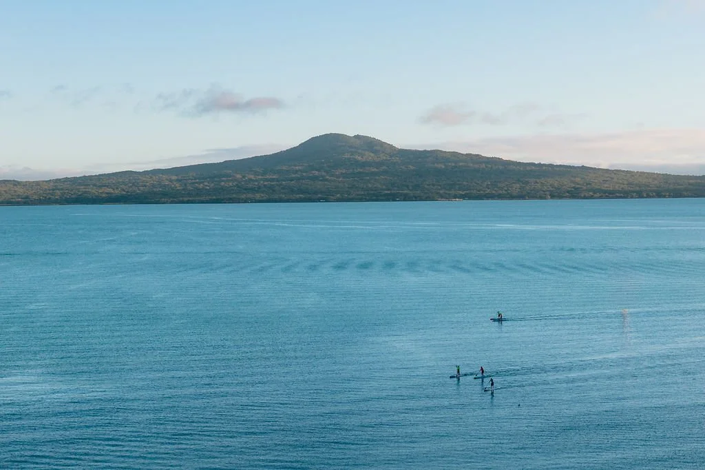 A soft coastal outlook from 20 Springcombe, St Heliers, Auckland, across the Hauraki Gulf towards Rangitoto, with paddleboarders moving through the water below. A quiet expression of the Eastern Bays lifestyle, where sea, sky and everyday life come n