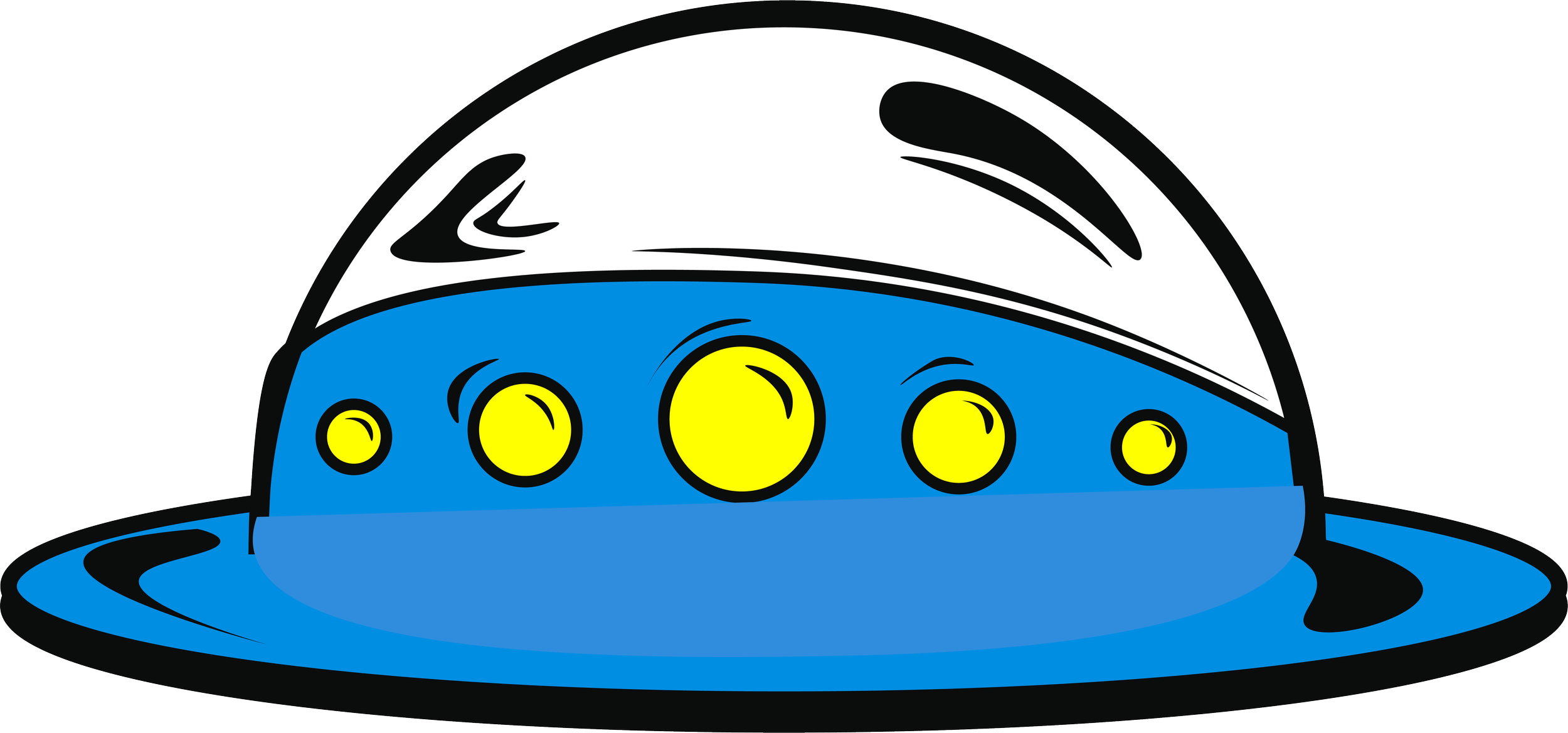 Colorful cartoon illustration of a UFO with yellow windows, flying in the sky.