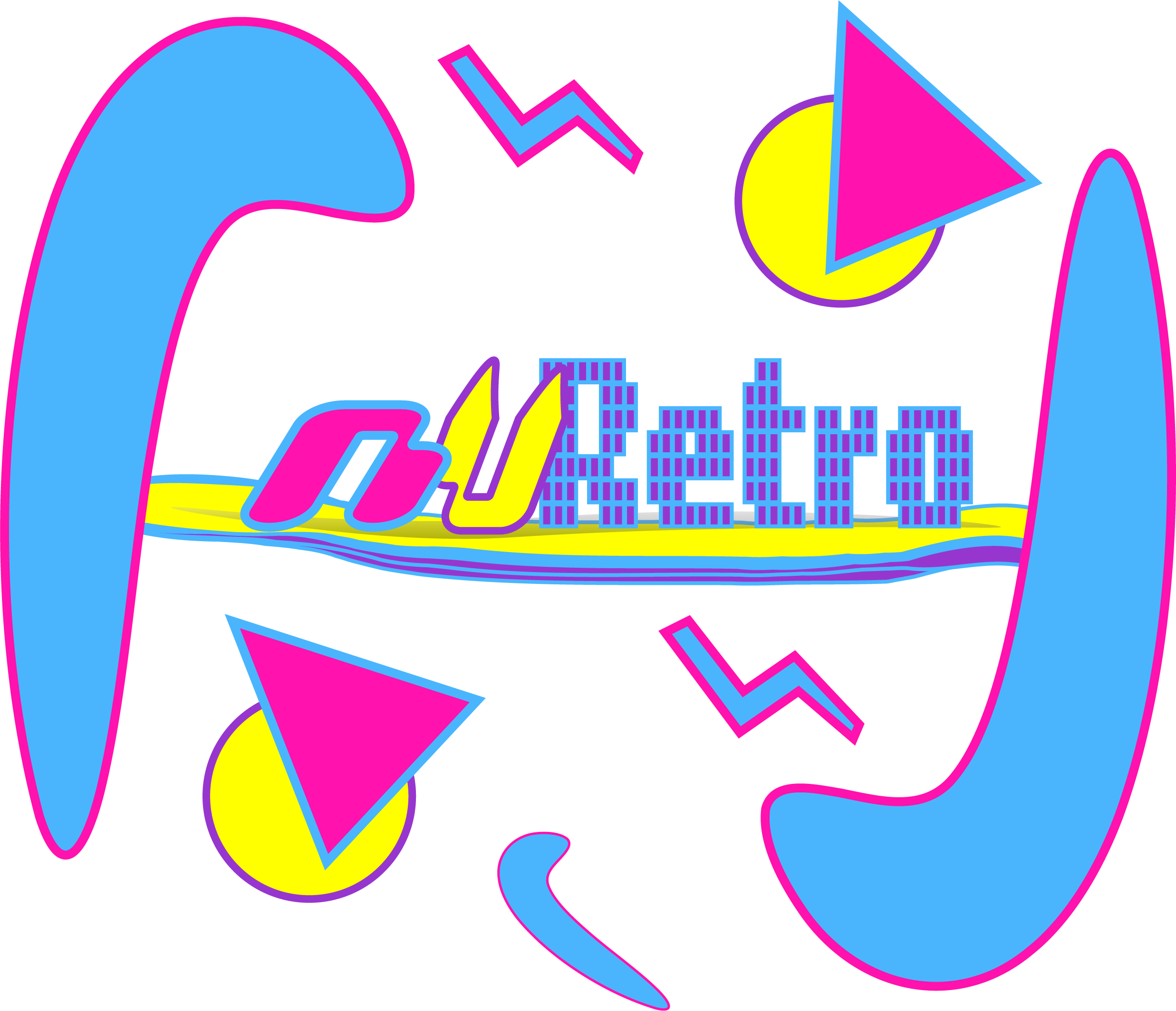 Retro style neon sign with the word "NuRetro" in the middle, surrounded by lightning bolts and colorful geometric shapes