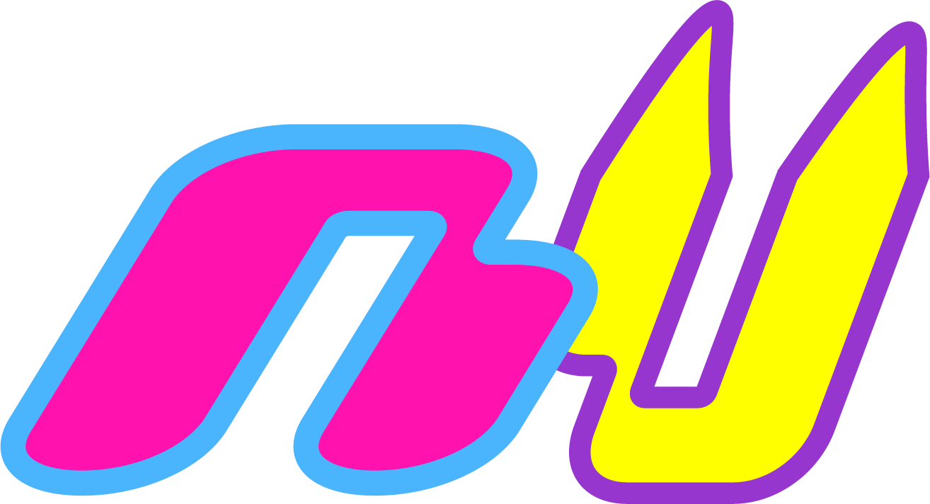 Colorful stylized text with the letter 'N' in pink with a blue outline and the letter 'U' in yellow with a purple outline.