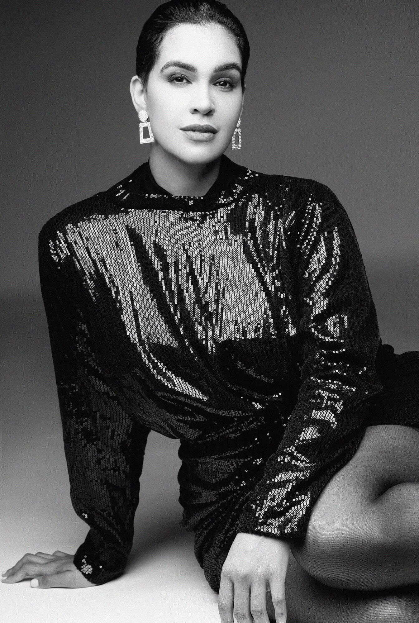 Dariana Casado - black and white portrait in sequins dress