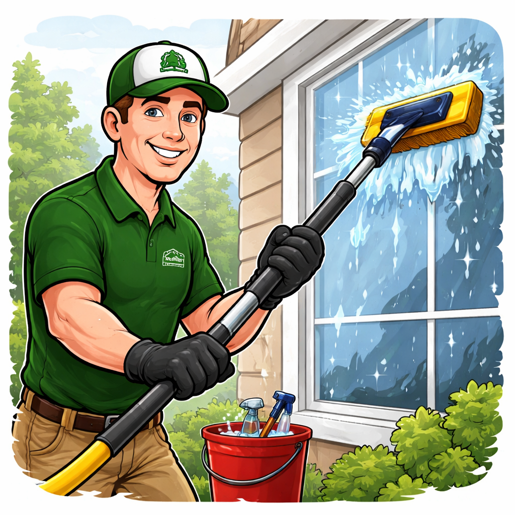 A man wearing a green polo shirt and cap, with black gloves, is cleaning a window with a squeegee during daytime. There are cleaning supplies inside a red bucket on the ground next to him. The background shows trees and a partly cloudy sky.