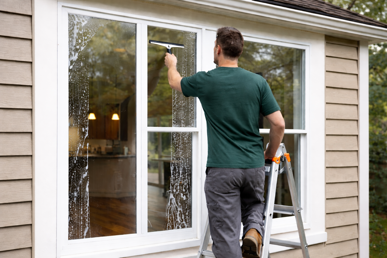 Man cleaning large window with a squeegee from a ladder outside a house.