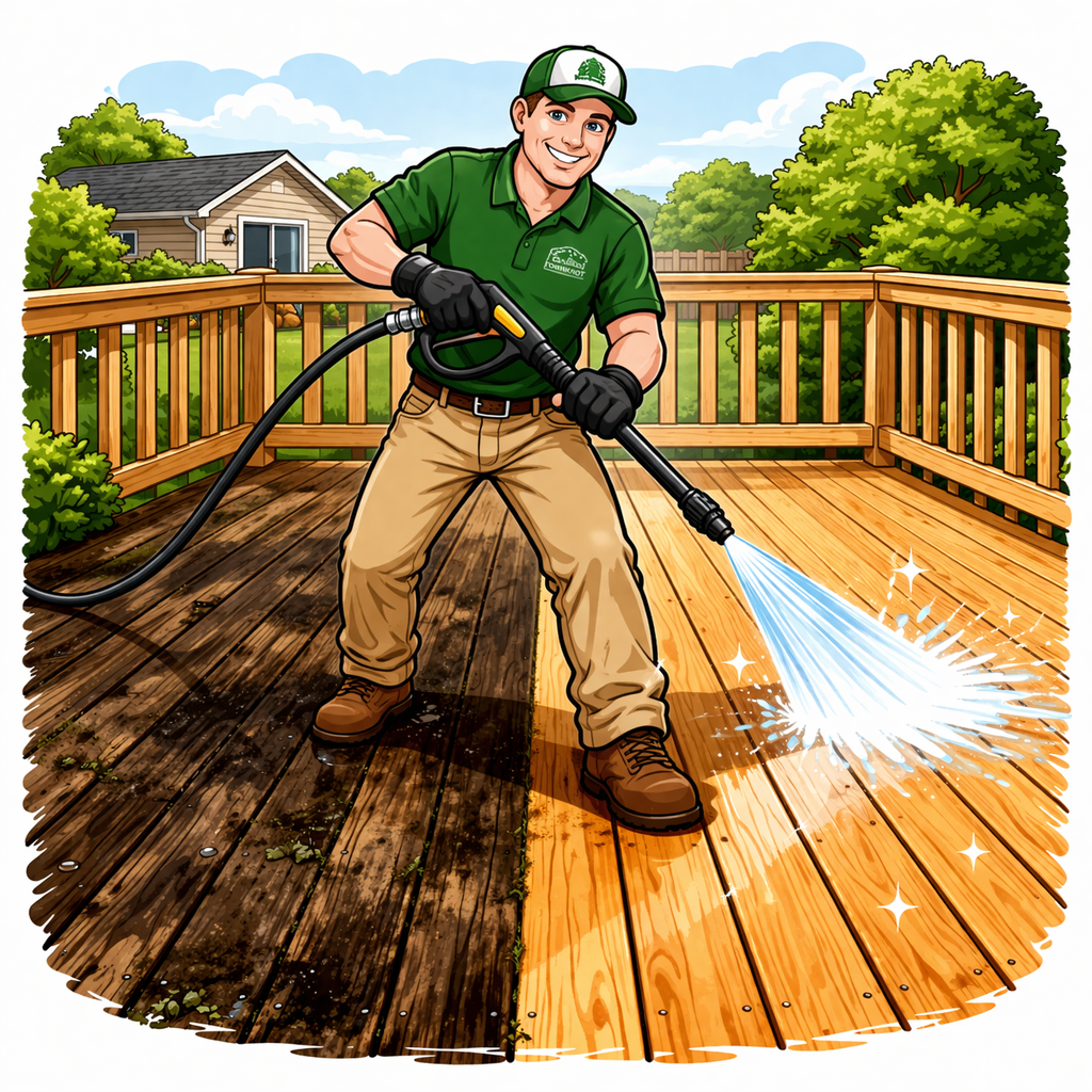 A man wearing a green uniform and cap, standing on a wooden deck, pressure washing the surface. The deck is partially cleaned, with the clean area shining brightly. He is smiling and wearing gloves.