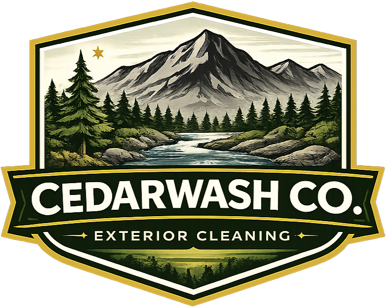 Logo for Cedarwash Co., exterior cleaning, featuring a mountain scene with pine trees, a river, and a star.