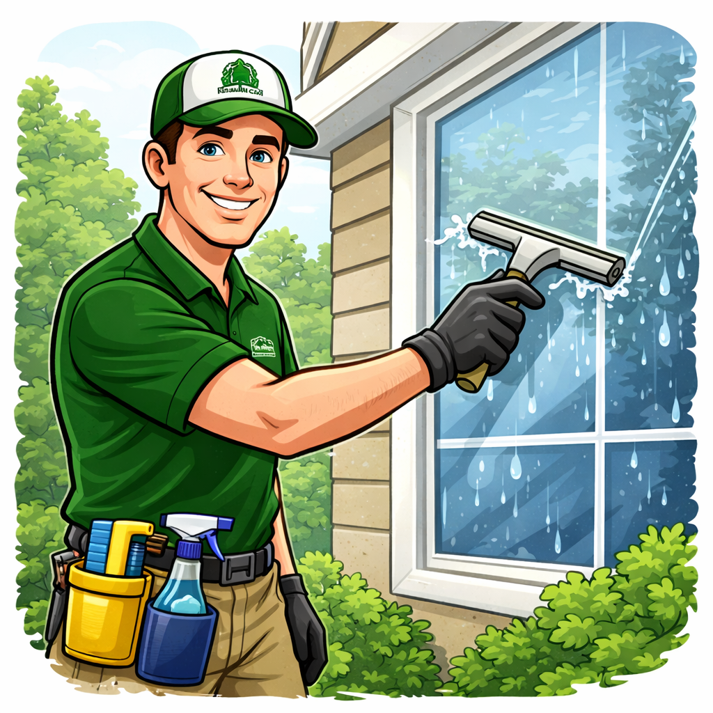 A young man wearing a green uniform with a cap, black gloves, and a tool belt, cleaning the exterior window of a house with a squeegee during rainy weather.