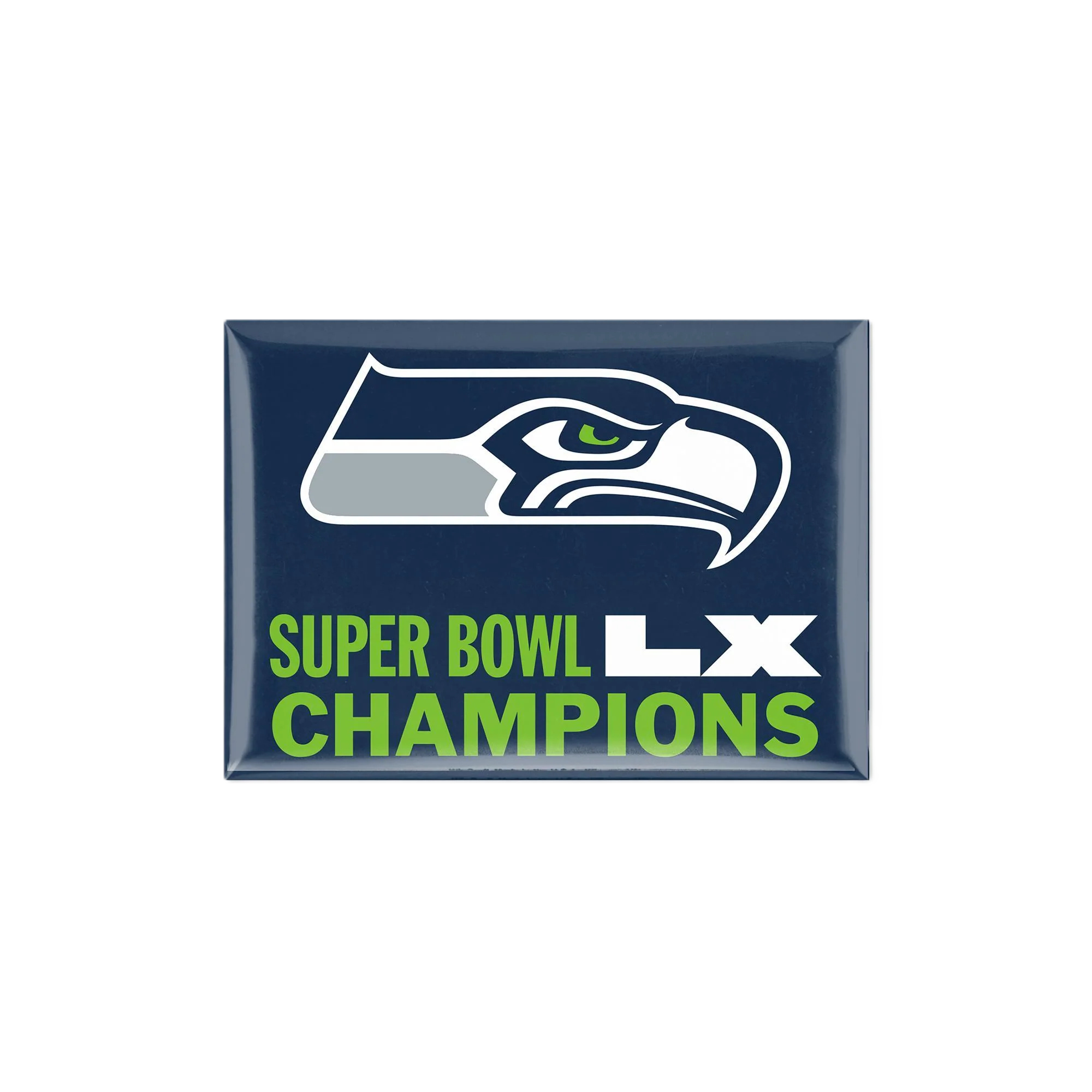 Seahawks Super Bowl LX Champions logo on a box with the team’s hawk head logo and the words "Super Bowl LX Champions" in green and white on a dark background.