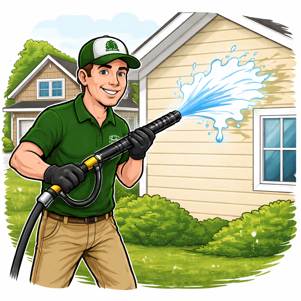 A man in a green uniform and cap is using a pressure washer to clean the side of a house, spraying water onto the exterior wall.