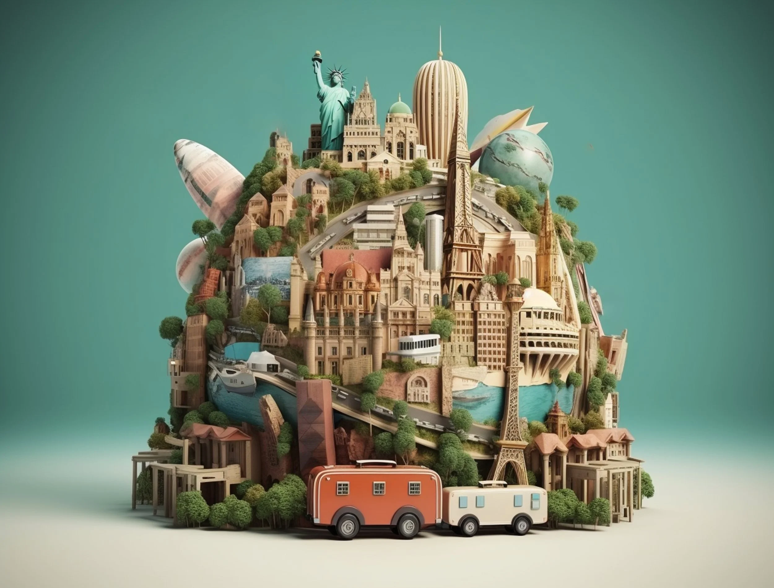 A miniature model of a community with landmarks from around the world, including the Statue of Liberty, Eiffel Tower, and Big Ben, with trees, water, and a camper trailer in the foreground.