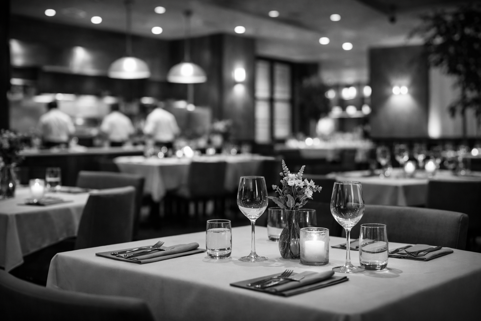 A dimly lit restaurant table set with wine glasses, water glasses, napkins, and cutlery, with a floral centerpiece and candles, in a restaurant with a chef and staff visible in the background.