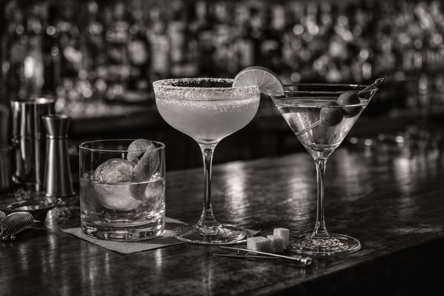 Three cocktail glasses on a bar counter: a salted rim margarita with a lemon wedge, a martini with a lemon twist and cherries, and a rocks glass with ice and fruit slices. Bar equipment and a blurred bar background are also visible.