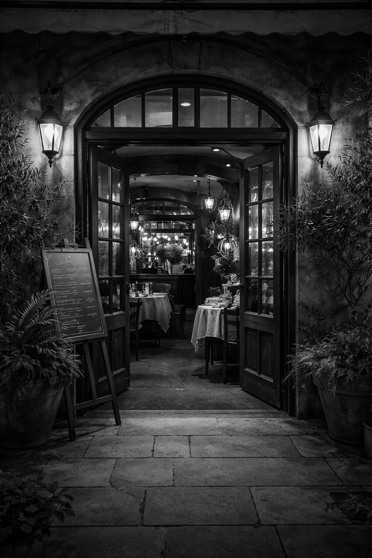 Black and white photo of an open restaurant entrance with potted plants on either side, outdoor stone pavement, and a view of the warmly lit interior with tables, chairs, and hanging lanterns.