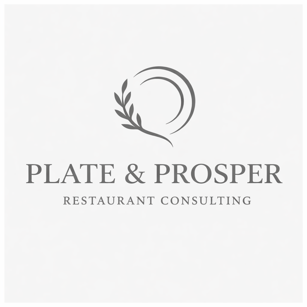 Logo for Plate & Prosper Restaurant Consulting, featuring a circular design with a laurel branch.