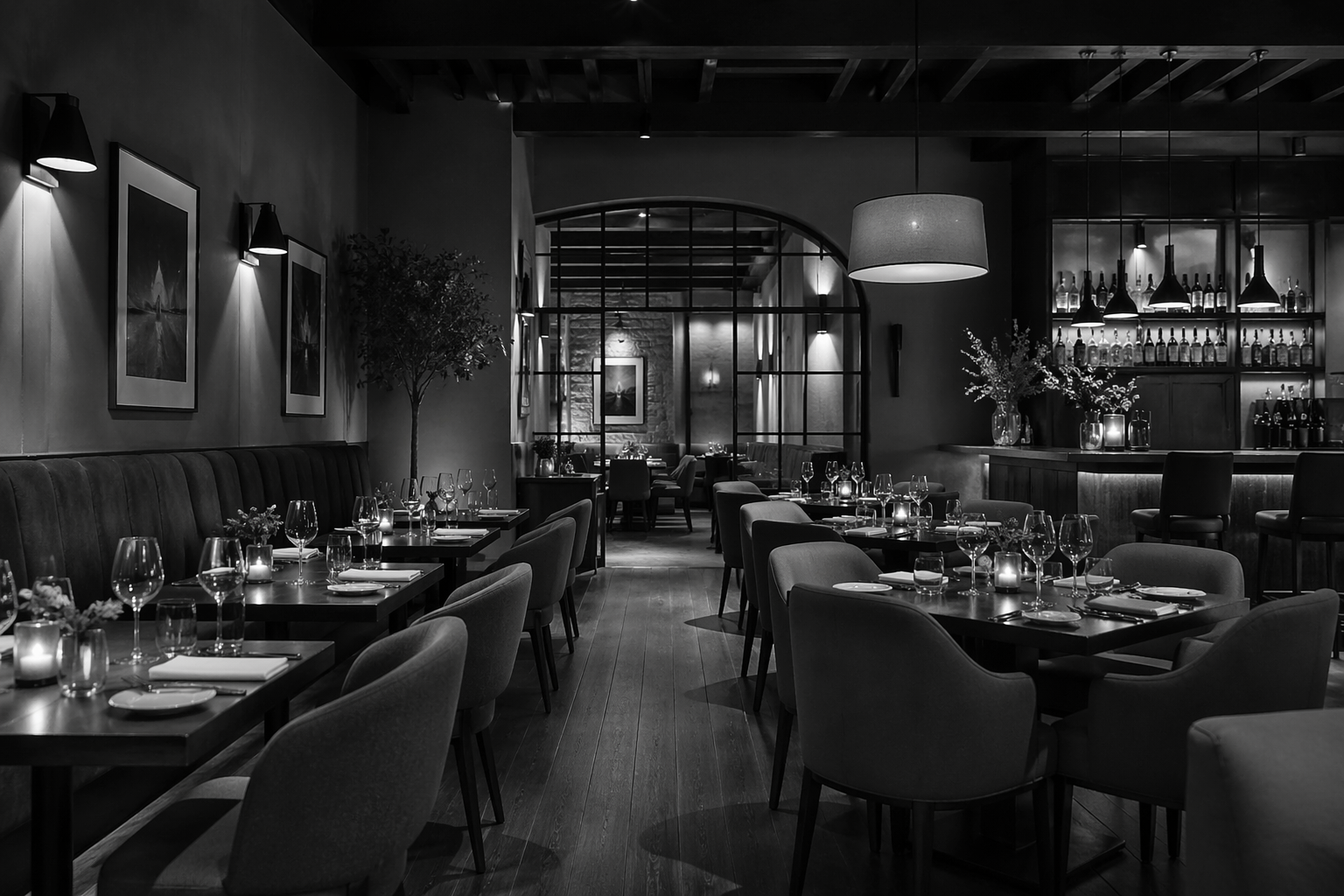 Interior of a dimly lit upscale restaurant with tables set with wine glasses, plates, and candles, featuring modern decor and a bar area in the background.