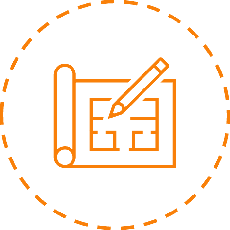 Icon of a blueprint, pencil, and flowchart, representing design or planning.