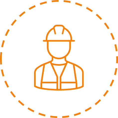 Icon of a construction worker wearing a hard hat and safety vest, surrounded by a dashed circle.