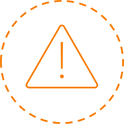 Warning or alert icon featuring a triangle with an exclamation mark inside, surrounded by a dashed circular border.