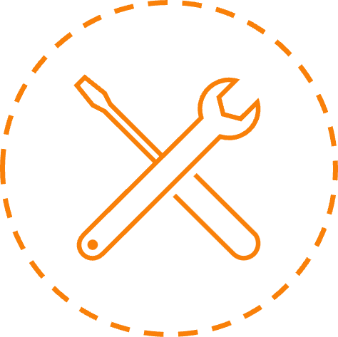 Icon of a wrench and screwdriver crossed inside a dotted circle, representing tools or maintenance.