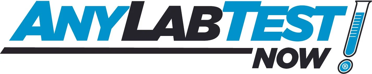 Logo for AnyLabTest Now with bold blue and black text and a thermometer icon.