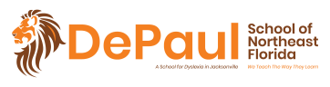 DePaul School of Southeast Florida logo with an orange lion mascot and text in orange and black