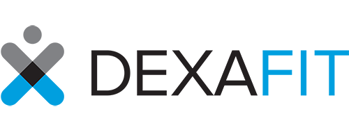 Dexafit logo featuring a stylized gray and blue figure and the company name in black and blue text
