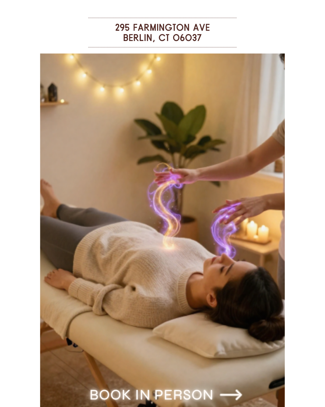 A woman lying on a massage table receiving an aura massage with magical glowing energy swirling around her torso, while an unseen practitioner performs the treatment in a cozy, softly lit room with candles and string lights.