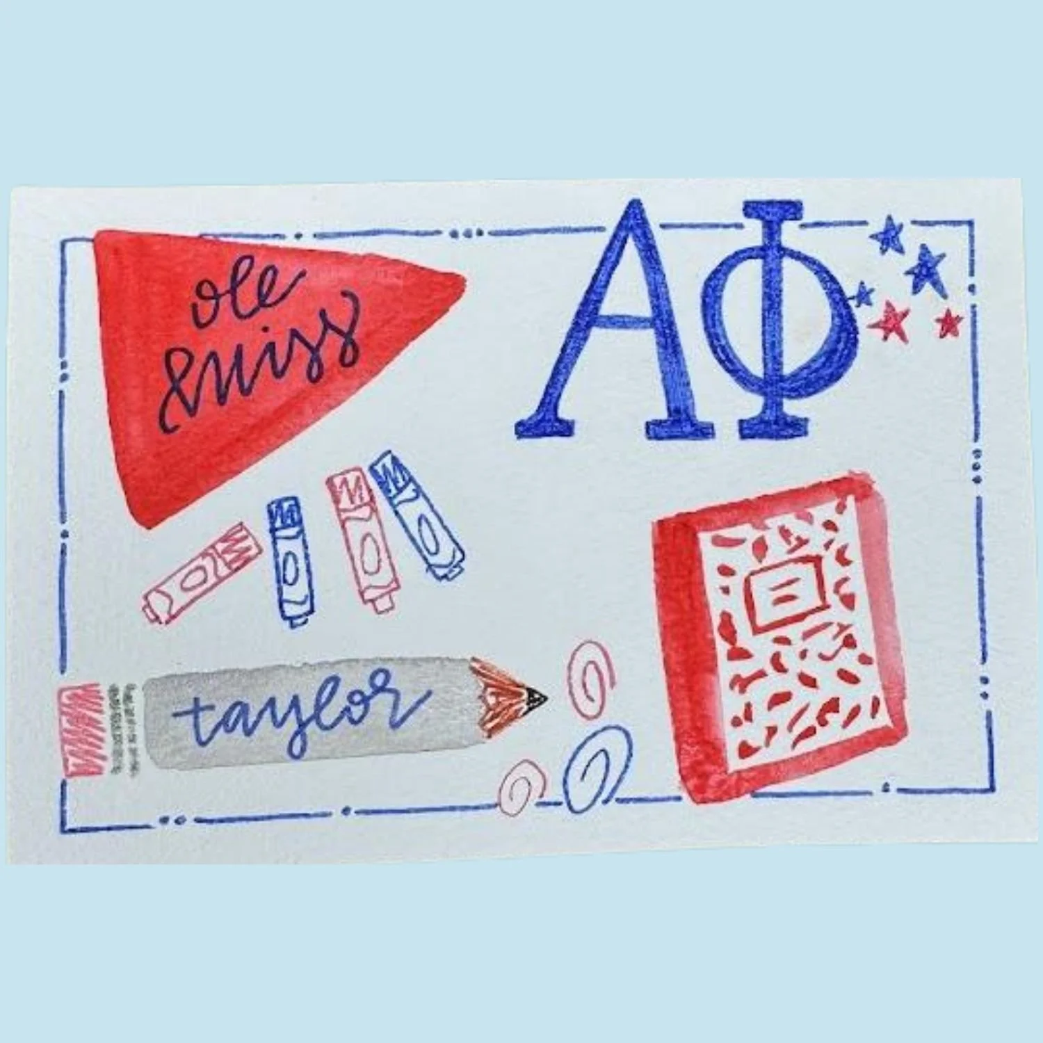 Hand-drawn illustration of an Alpha Delta Gamma sorority pledge photo, featuring a red triangle with the words "ole miss," blue and red coupons, a gray arrow with "taylor" written inside, a red and white patterned book or notebook, and decorative stars and swirls.