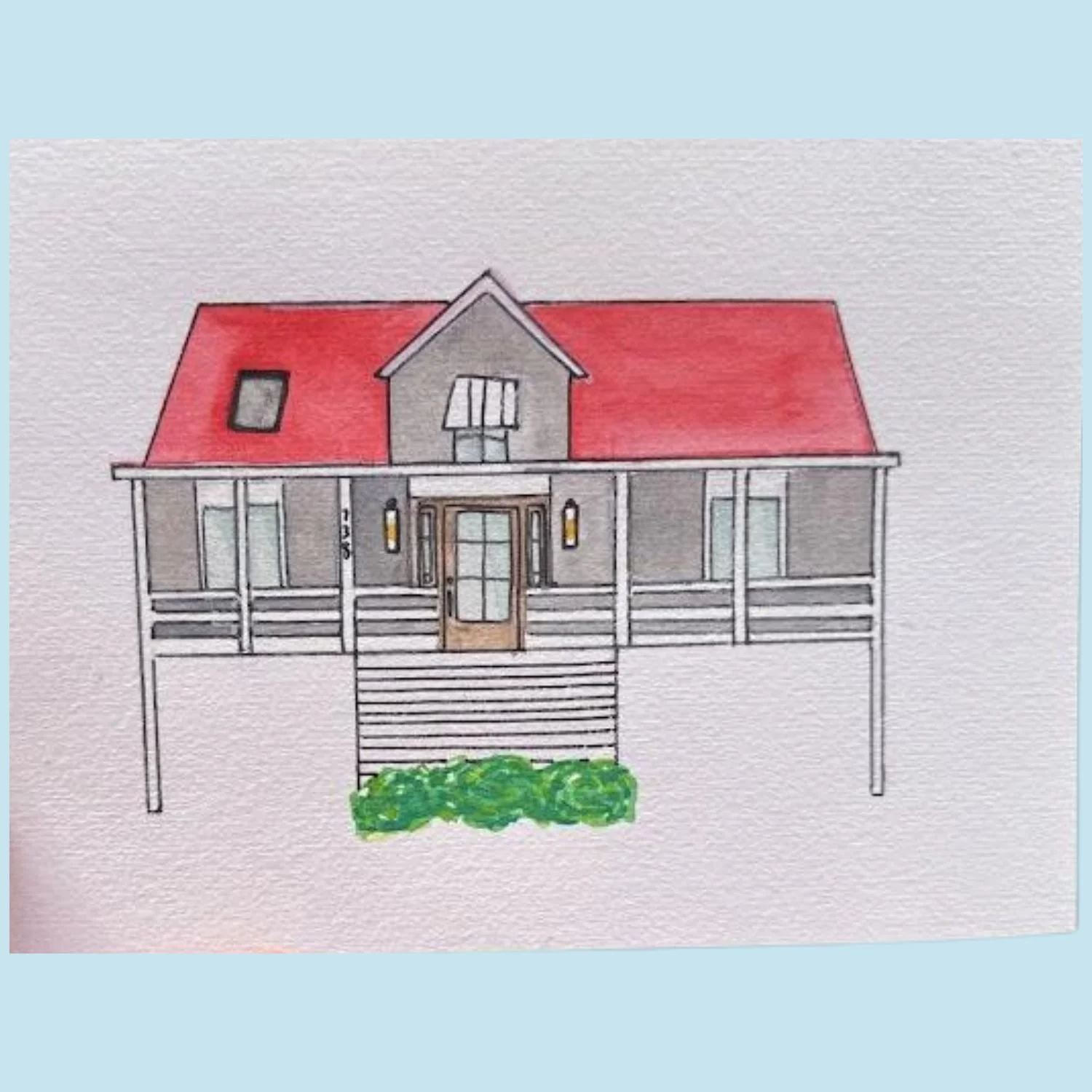 Hand-drawn illustration of a two-story house with gray walls, a red roof, a porch with steps, and green bushes in front.