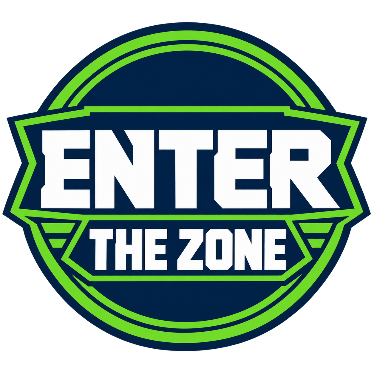 A sign with a dark blue and green color theme that says 'ENTER THE ZONE' in bold, white uppercase letters.