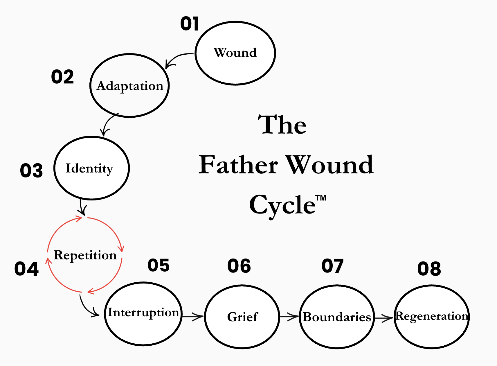 Diagram of the Father Wound Cycle showing 8 stages: Wound, Adaptation, Identity, Repetition, Interruption, Grief, Boundaries, Regeneration