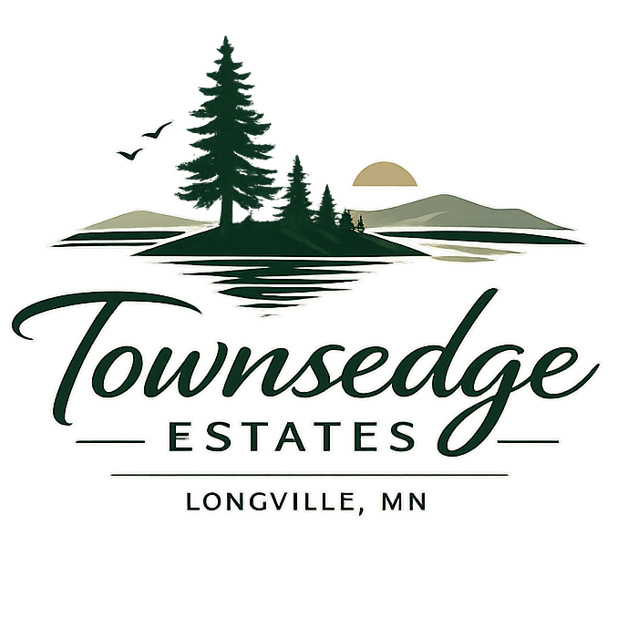 Logo for Townedge Estates featuring a forested landscape with pine trees, a lake, birds flying, and a sunrise or sunset over hills, with the text "Townedge Estates" and "Longville, MN".