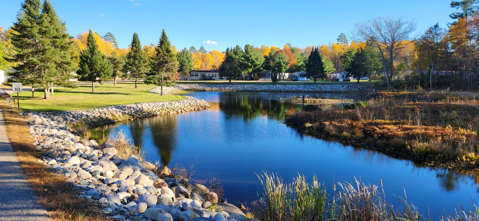 A peaceful small pond with trees in autumn colors along the shore, grass, and a row of houses or cabins in the background, under a clear blue sky.