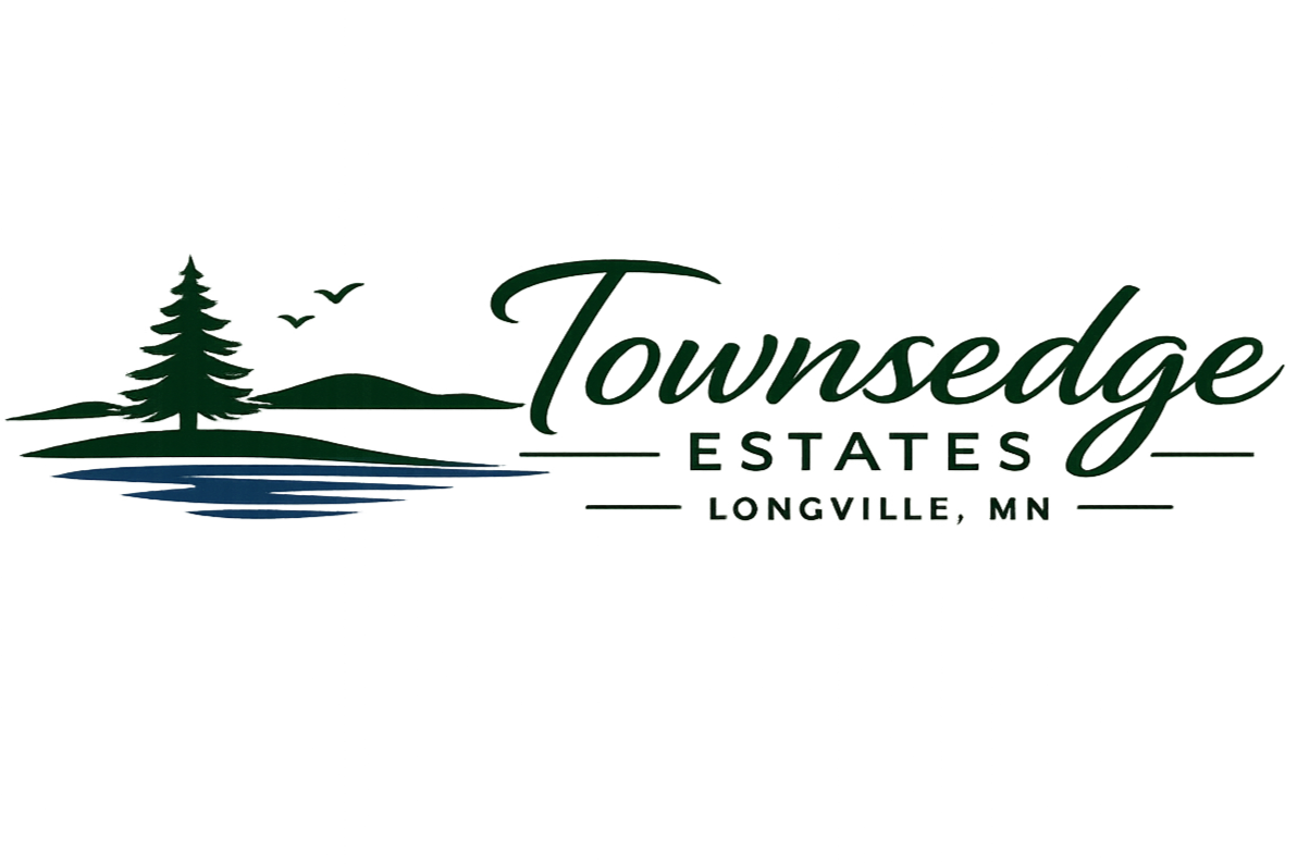 Logo for Townsedge Estates in Longville, Minnesota, featuring a pine tree, a body of water, and two birds, with the estate name in stylized green lettering.