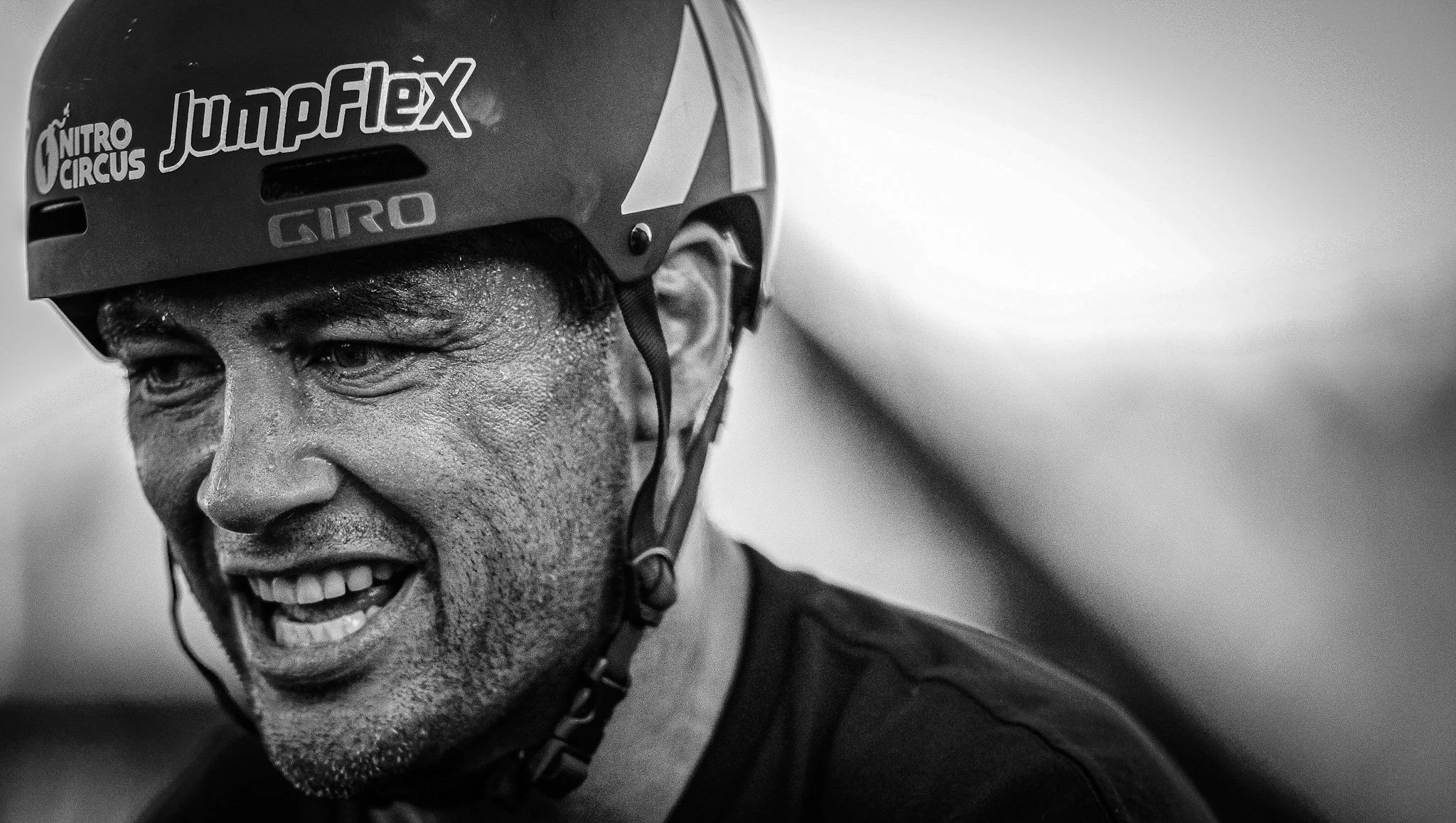 Nitro circus sweating cyclist Black and white portrait close up Simon Shattky
