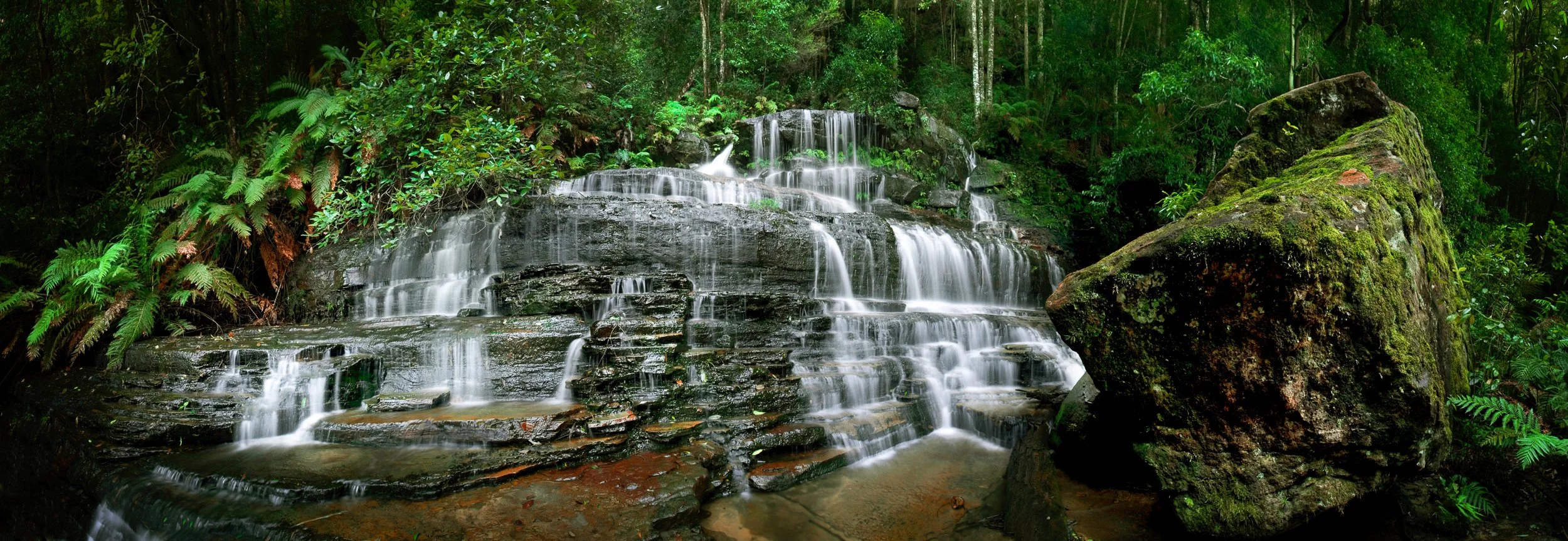 A waterfall cascading over rocks in a lush green forest surrounded by dense vegetation.