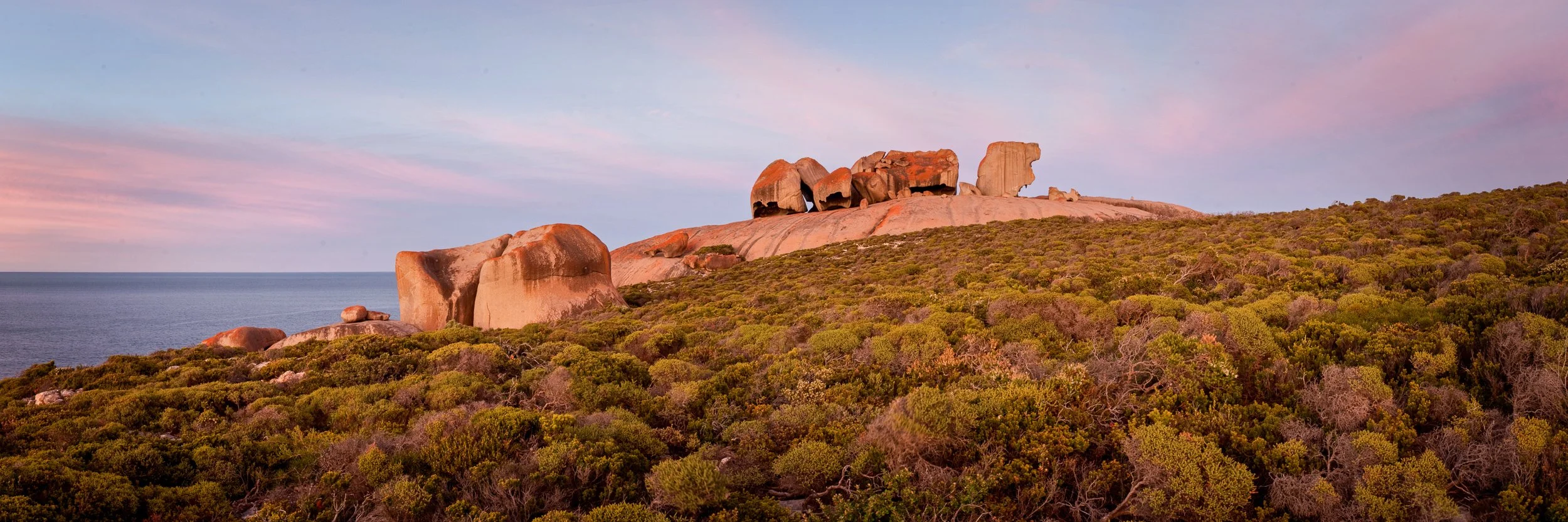 Pink and purple sky over large granite boulders on a coastline with green shrubbery in the foreground.