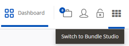 Screenshot of a software interface with icons for Dashboard, Files, User Profile, and Apps, and a tooltip saying 'Switch to Bundle Studio'
