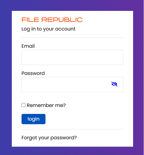 Login form for FILE REPUBLIC website with fields for email and password, 'Remember me' checkbox, blue login button, and link for forgotten password, set against a purple and white background.