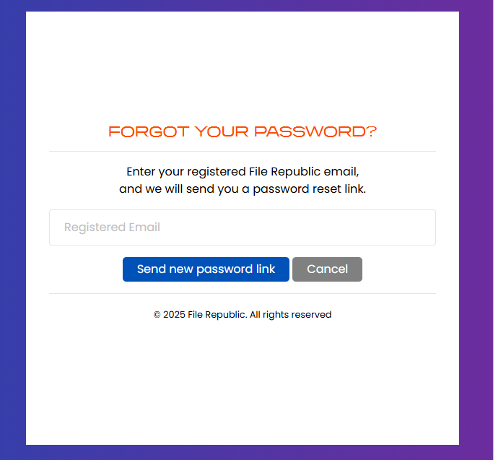 File Republic password reset page with email input field and 'Send new password link' and 'Cancel' buttons.
