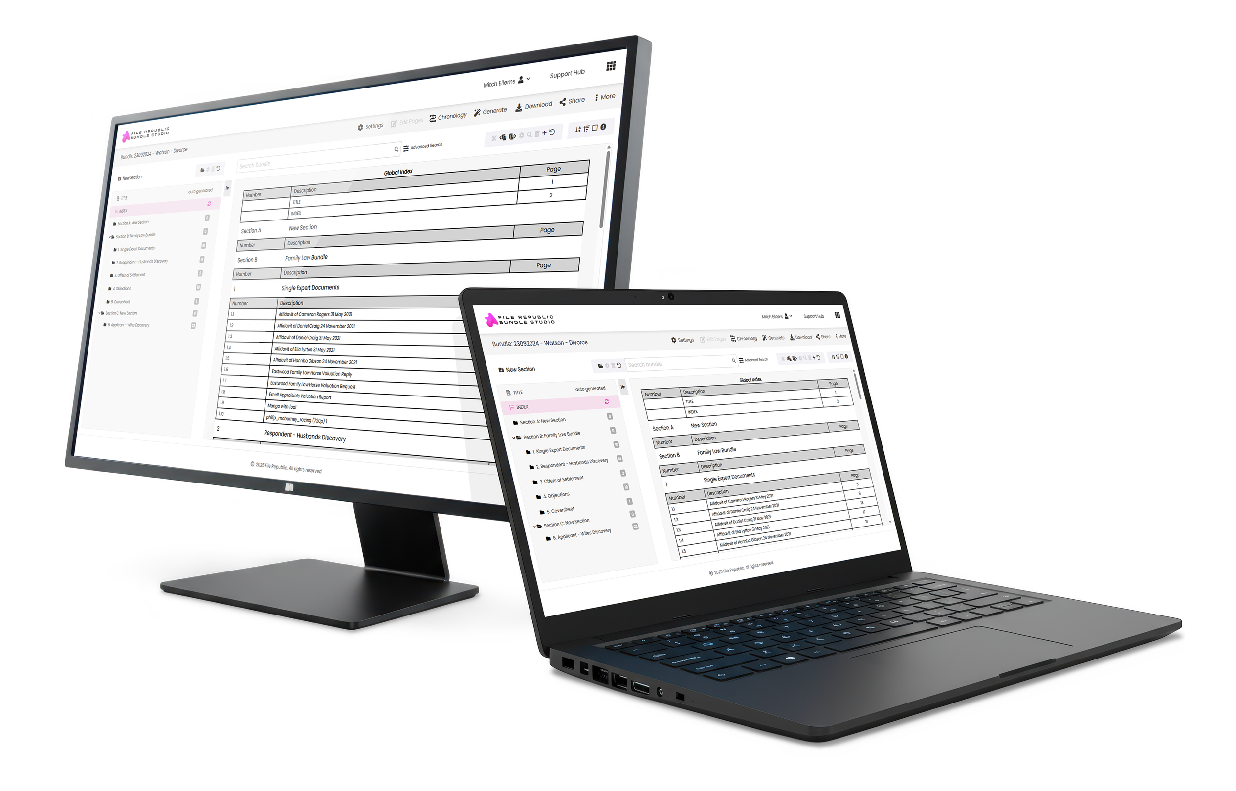 Photo showing a desktop monitor and a laptop, both displaying document management software with folders, lists, and tables related to legal or administrative content.