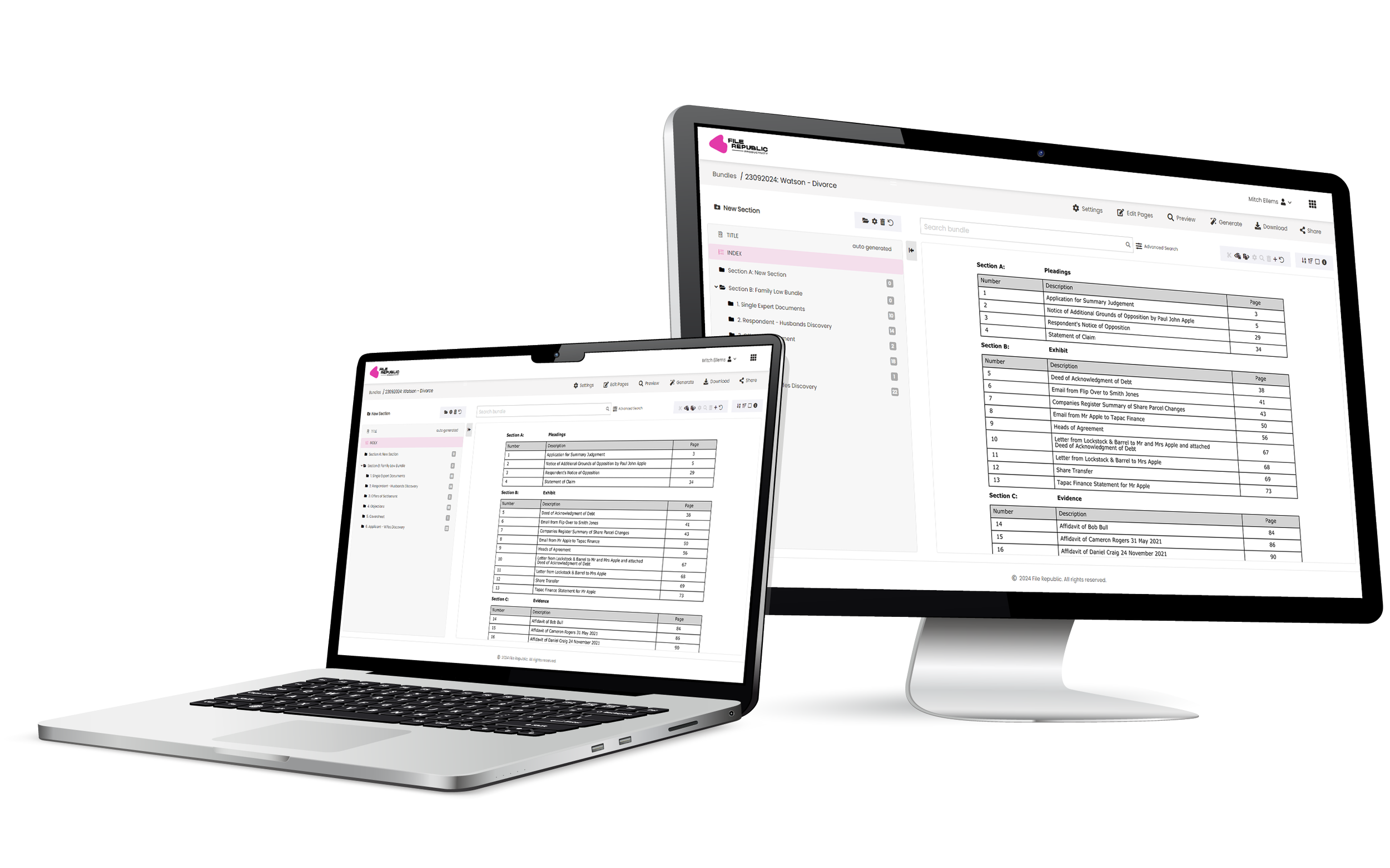 Two electronic devices, a laptop and a desktop monitor, displaying document management software with tables of contents.